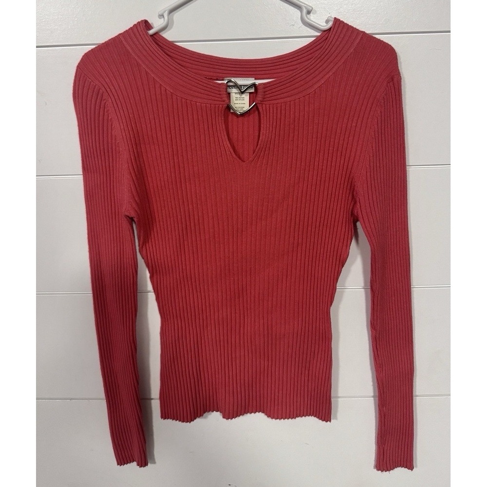 Y2K Vintage Fashion Bug Coral Ribbed Knit‎ Keyhole Top Stretch Fitted Size M